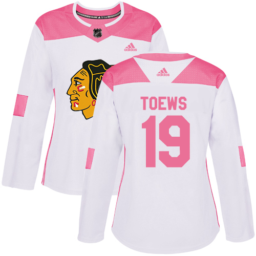Adidas Chicago Blackhawks #19 Jonathan Toews White/Pink Authentic Fashion Women's Stitched Jersey Womens