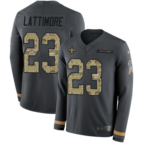 New Orleans Saints #23 Marshon Lattimore Anthracite Salute to Service Men's Stitched Limited Therma Long Sleeve Jersey Men's