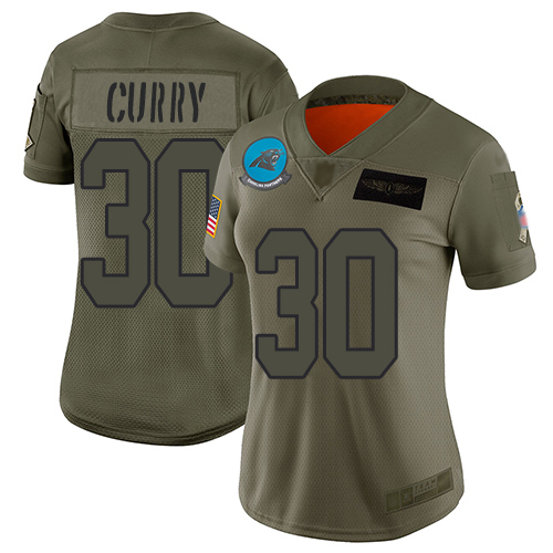 Carolina Panthers #30 Stephen Curry Camo Women's Stitched Limited 2019 Salute to Service Jersey Womens