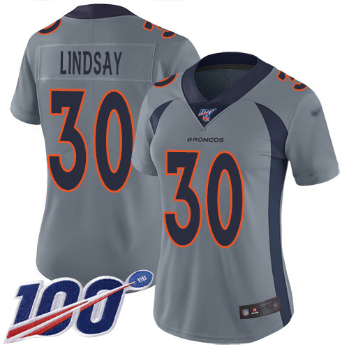 Denver Broncos #30 Phillip Lindsay Gray Women's Stitched Limited Inverted Legend 100th Season Jersey Womens