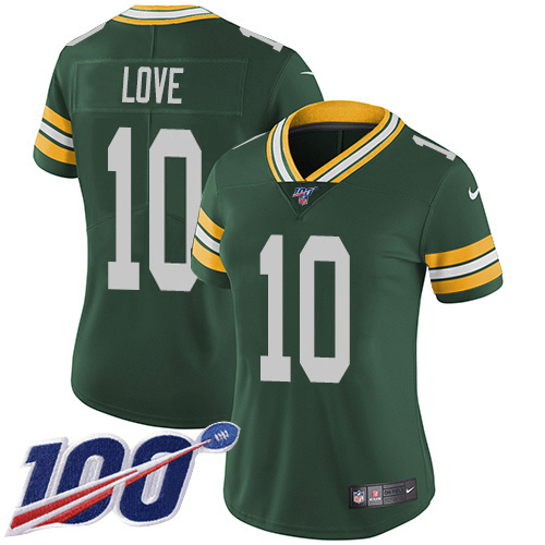 Packers #10 Jordan Love Green Team Color Women's Stitched 100th Season Vapor Untouchable Limited Jersey