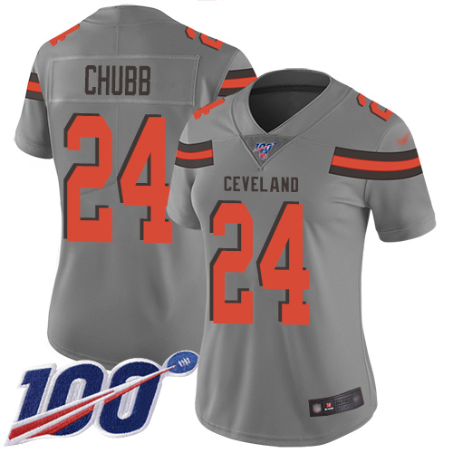 Browns #24 Nick Chubb Gray Women's Stitched Limited Inverted Legend 100th Season Jersey