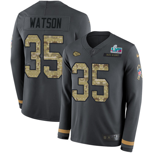 Chiefs #35 Jaylen Watson Anthracite Salute To Service Super Bowl LVII Patch Youth Stitched Limited Therma Long Sleeve Jersey