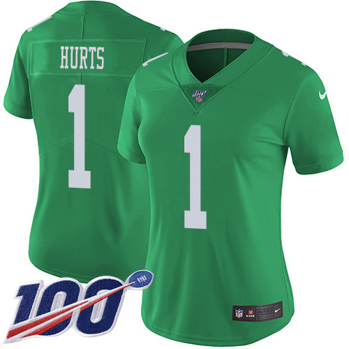 Eagles #1 Jalen Hurts Green Women's Stitched Limited Rush 100th Season Jersey