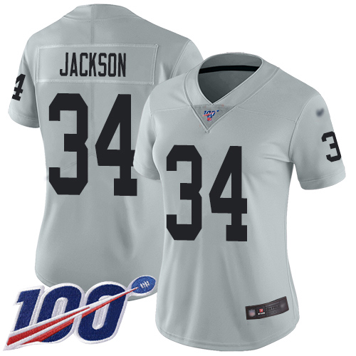 Raiders #34 Bo Jackson Silver Women's Stitched Limited Inverted Legend 100th Season Jersey
