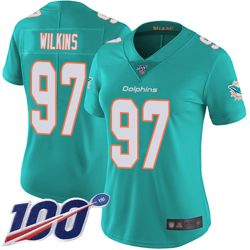 Miami Dolphins #97 Christian Wilkins Aqua Green Team Color Women's Stitched 100th Season Vapor Limited Jersey Womens