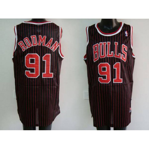 Chicago Bulls #91 Dennis Rodman Stitched Black Red Strip Jersey Mens