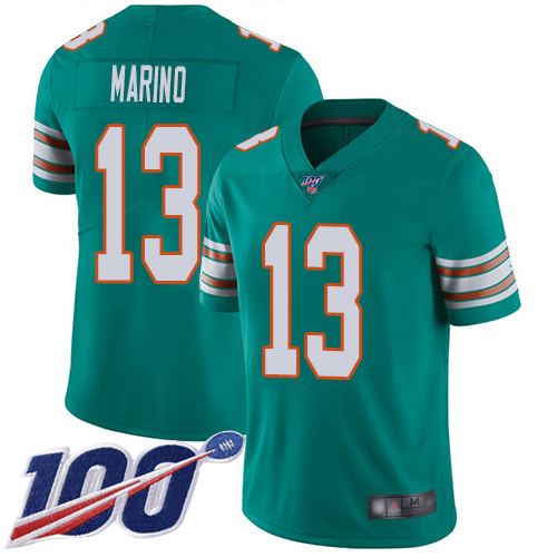 Dolphins #13 Dan Marino Aqua Green Alternate Men's Stitched 100th Season Vapor Limited Jersey