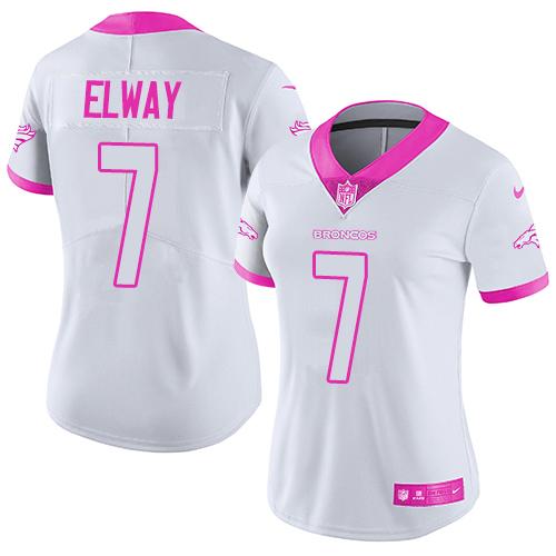 Broncos #7 John Elway White/Pink Women's Stitched Limited Rush Fashion Jersey