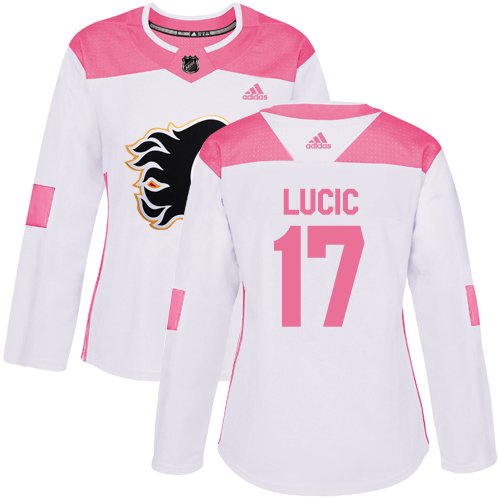 Adidas Calgary Flames #17 Milan Lucic White/Pink Authentic Fashion Women's Stitched Jersey Womens