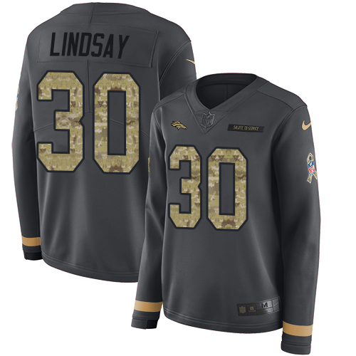 Denver Broncos #30 Phillip Lindsay Anthracite Salute to Service Women's Stitched Limited Therma Long Sleeve Jersey Womens