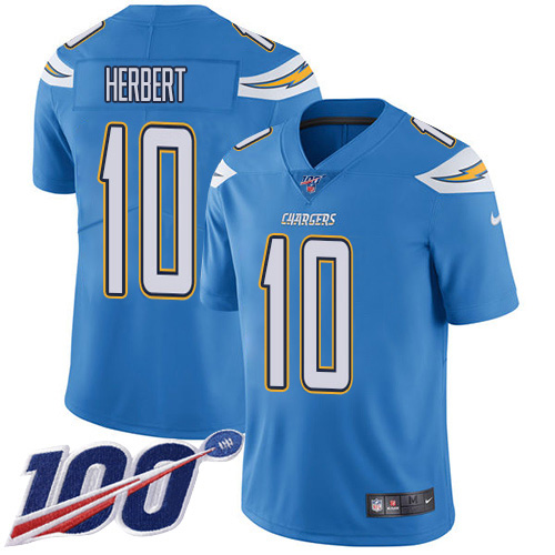 Chargers #10 Justin Herbert Electric Blue Alternate Men's Stitched 100th Season Vapor Untouchable Limited Jersey