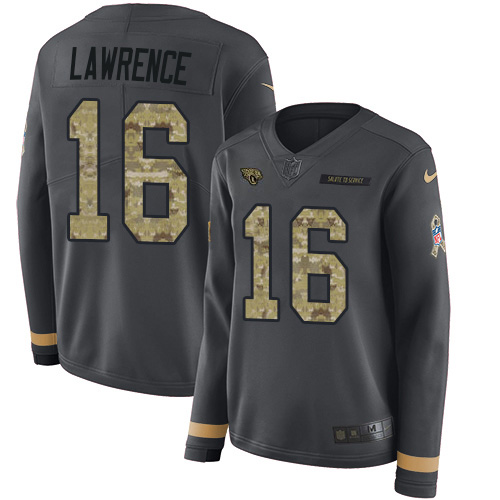 Jaguars #16 Trevor Lawrence Anthracite Salute To Service Women's Stitched Limited Therma Long Sleeve Jersey