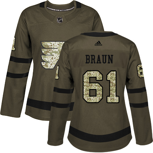 Adidas Philadelphia Flyers #61 Justin Braun Green Salute to Service Women's Stitched Jersey Womens