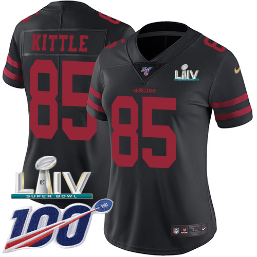 49ers #85 George Kittle Black Super Bowl LIV 2020 Alternate Women's Stitched 100th Season Vapor Limited Jersey