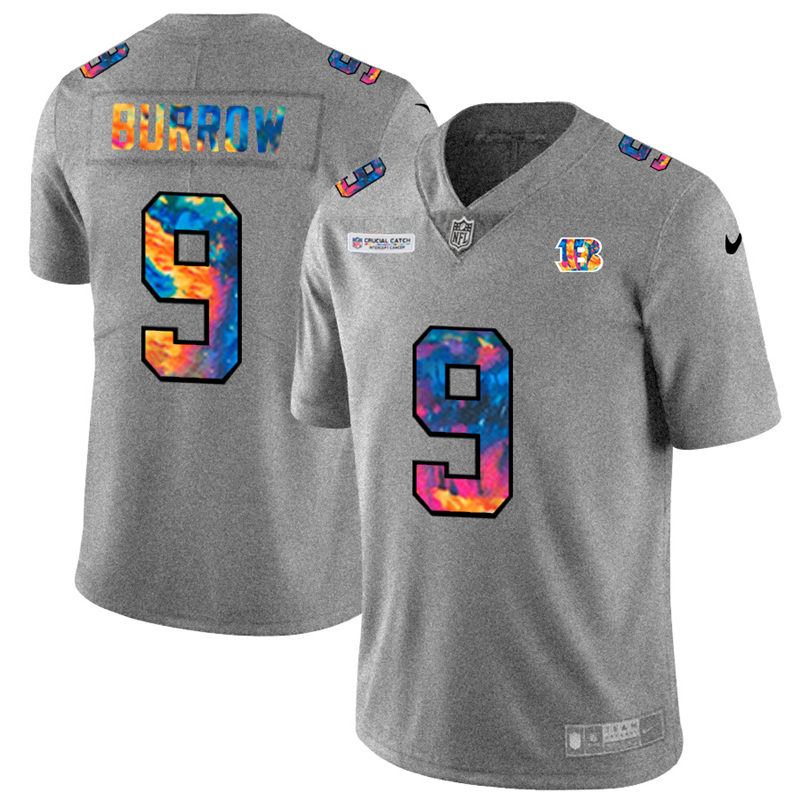 Cincinnati Bengals #9 Joe Burrow Men's Multi-Color 2020 Crucial Catch Jersey Greyheather