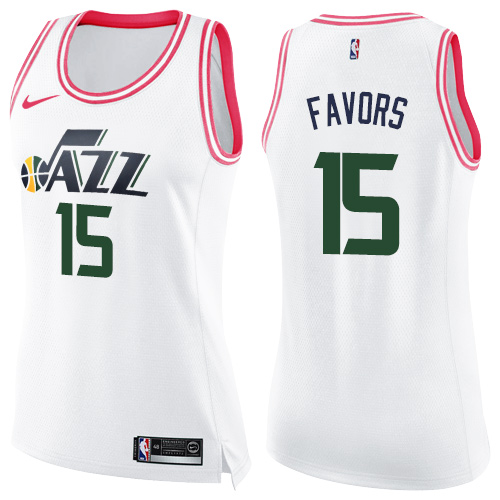 Utah Jazz #15 Derrick Favors White/Pink Womens Swingman Fashion Jersey Womens