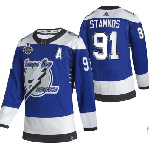 Adidas Tampa Bay Lightning #91 Steven Stamkos Blue Road Authentic Youth 2021 Stanley Cup Final Patch Jersey Youth