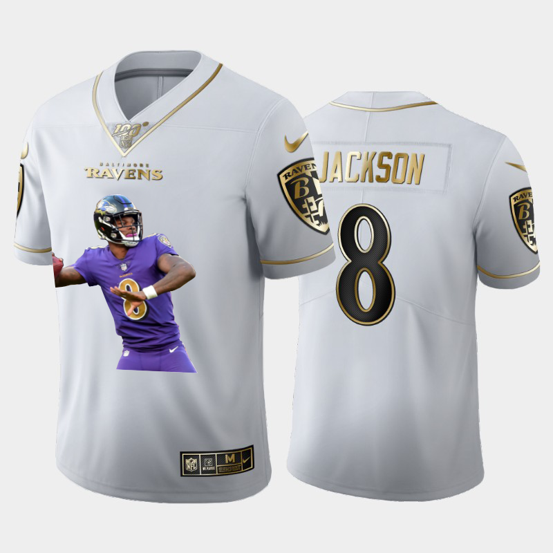 Baltimore Ravens #8 Lamar Jackson Team Hero 2 Vapor Limited 100 Jersey White Golden