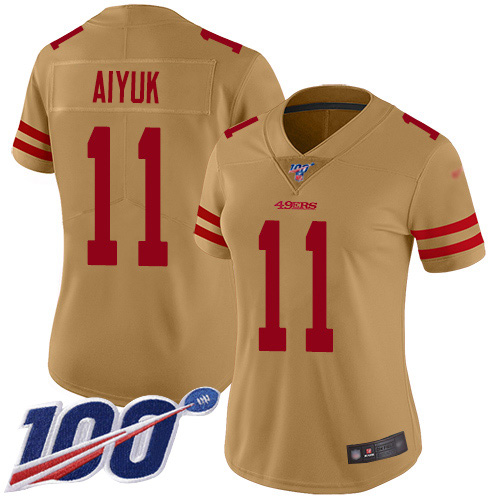 San Francisco 49ers #11 Brandon Aiyuk Gold Women's Stitched Limited Inverted Legend 100th Season Jersey Womens