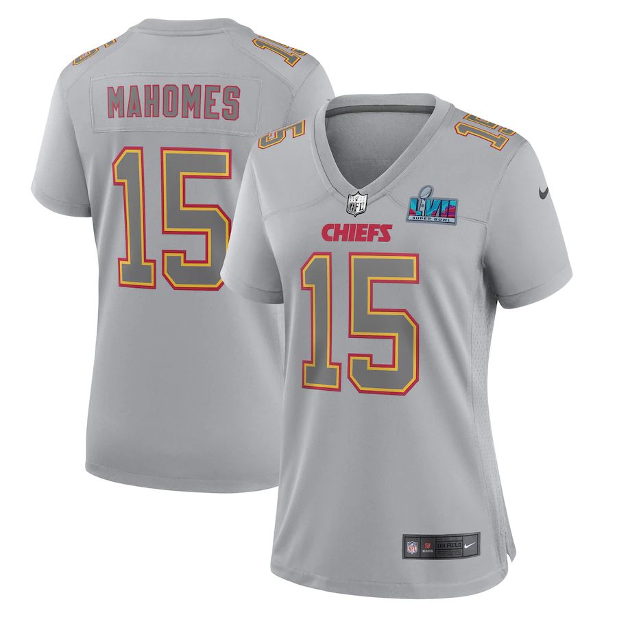 Chiefs #15 Patrick Mahomes Women's Super Bowl LVII Patch Atmosphere Fashion Game Jersey - Gray