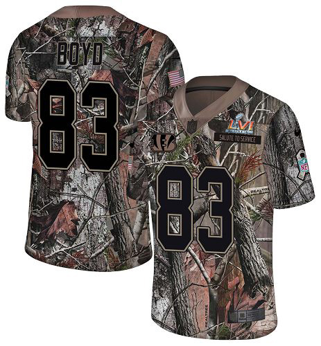 Bengals #83 Tyler Boyd Camo Super Bowl LVI Patch Men's Stitched Limited Rush Realtree Jersey