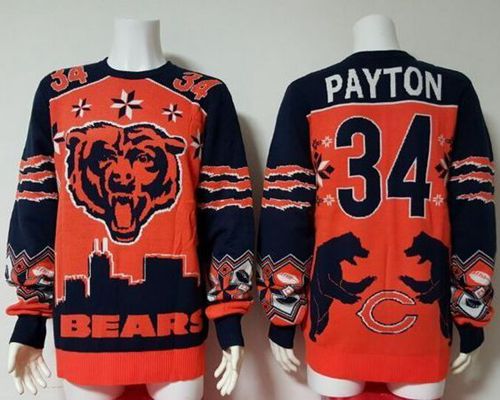 Bears #34 Walter Payton Orange/Navy Blue Men's Ugly Sweater