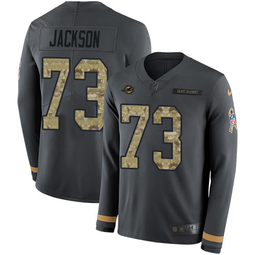 Miami Dolphins #73 Austin Jackson Anthracite Salute to Service Men's Stitched Limited Therma Long Sleeve Jersey Men's