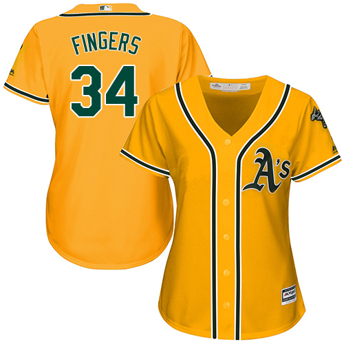 Oakland Athletics #34 Rollie Fingers Gold Alternate Women's Stitched Jersey Womens