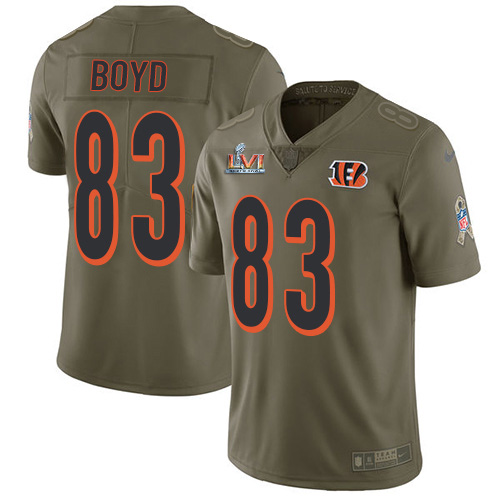 Bengals #83 Tyler Boyd Olive Super Bowl LVI Patch Men's Stitched Limited 2017 Salute To Service Jersey