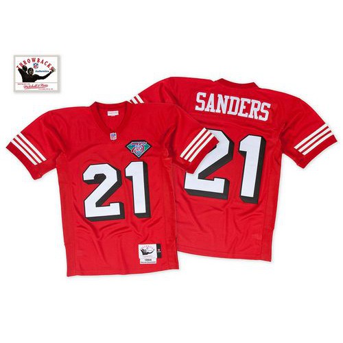 Mitchell And Ness 75TH San Francisco 49ers #21 Deion Sanders Red Stitched Throwback Jersey Men's