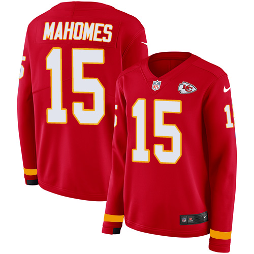 Chiefs #15 Patrick Mahomes Red Team Color Women's Stitched Limited Therma Long Sleeve Jersey