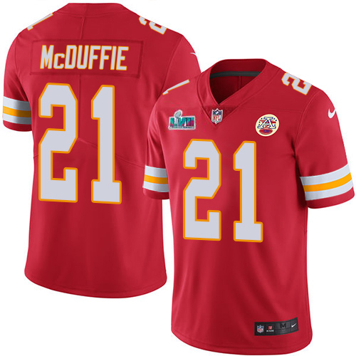 Chiefs #21 Trent McDuffie Red Team Color Super Bowl LVII Patch Men's Stitched Vapor Untouchable Limited Jersey