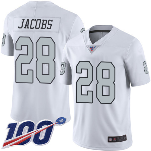 Raiders #28 Josh Jacobs White Youth Stitched Limited Rush 100th Season Jersey