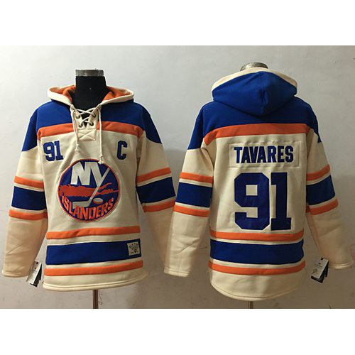New York Islanders #91 John Tavares Cream Sawyer Hooded Sweatshirt Stitched Jersey Men's