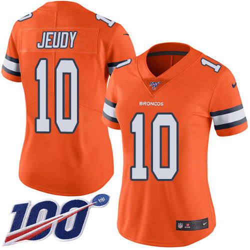 Broncos #10 Jerry Jeudy Orange Women's Stitched Limited Rush 100th Season Jersey