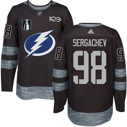 Adidas Tampa Bay Lightning #98 Mikhail Sergachev Black 2022 Stanley Cup Final Patch 100th Anniversary Stitched Jersey Men's
