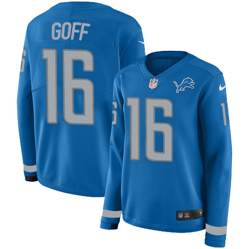 Detroit Lions #16 Jared Goff Blue Team Color Women's Stitched Limited Therma Long Sleeve Jersey
