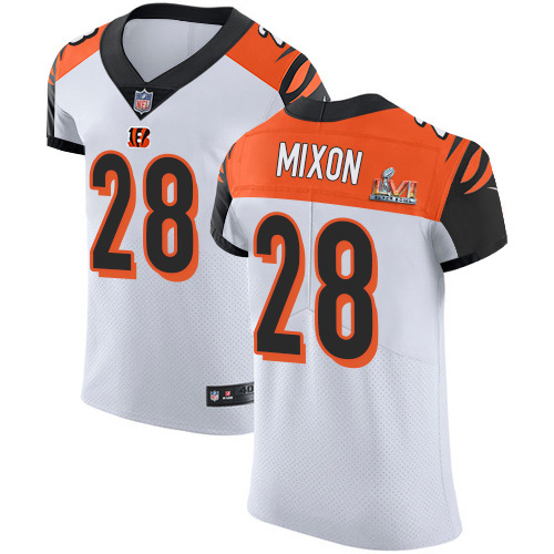 Bengals #28 Joe Mixon White Super Bowl LVI Patch Men's Stitched Vapor Untouchable Elite Jersey
