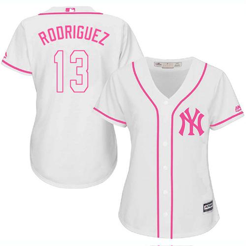 New York Yankees #13 Alex Rodriguez White/Pink Fashion Women's Stitched Jersey Womens