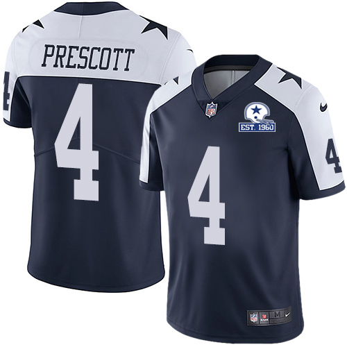 Cowboys #4 Dak Prescott Navy Blue Thanksgiving Men's Stitched With Established In 1960 Patch Vapor Untouchable Limited Throwback Jersey