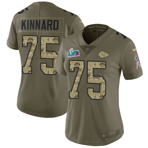 Chiefs #75 Darian Kinnard Olive/Camo Super Bowl LVII Patch Women's Stitched Limited 2017 Salute To Service Jersey
