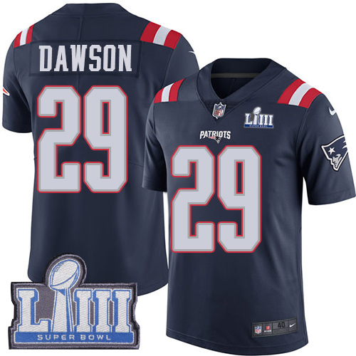 New England Patriots #29 Duke Dawson Navy Blue Super Bowl LIII Bound Men's Stitched Limited Rush Jersey Men's