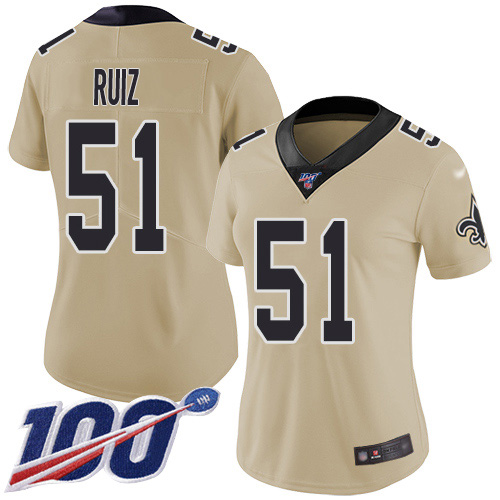New Orleans Saints #51 Cesar Ruiz Gold Women's Stitched Limited Inverted Legend 100th Season Jersey Womens