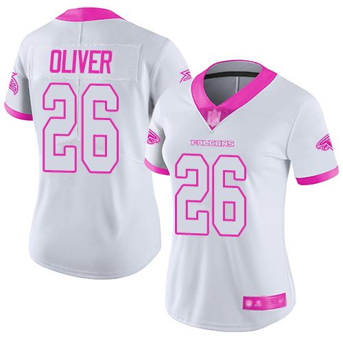 Atlanta Falcons #26 Isaiah Oliver White/Pink Women's Stitched Limited Rush Fashion Jersey Womens