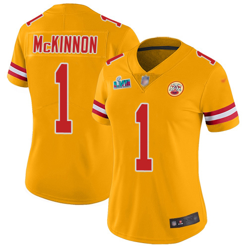 Chiefs #1 Jerick McKinnon Gold Super Bowl LVII Patch Women's Stitched Limited Inverted Legend Jersey