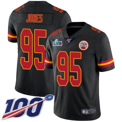 Chiefs #95 Chris Jones Black Super Bowl LVII Patch Men's Stitched Limited Rush 100th Season Jersey