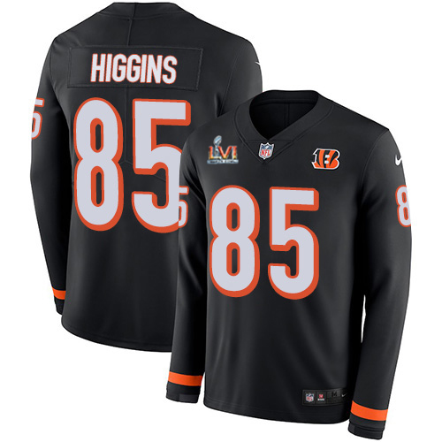 Bengals #85 Tee Higgins Black Team Color Super Bowl LVI Patch Men's Stitched Limited Therma Long Sleeve Jersey