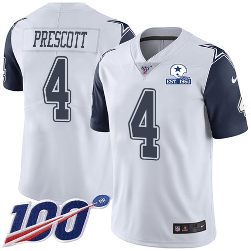 Cowboys #4 Dak Prescott White Men's Stitched With Established In 1960 Patch Limited Rush 100th Season Jersey
