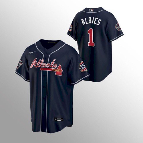 Atlanta Atlanta Braves #1 Ozzie Albies Men's 150th Anniversary 2021 World Series Game Jersey - Navy Men's